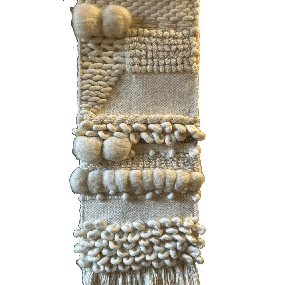 Surya Kamal Ivory Woven Wall Hanging Art Wool Blend 10” x 56” Wood Rod Boho